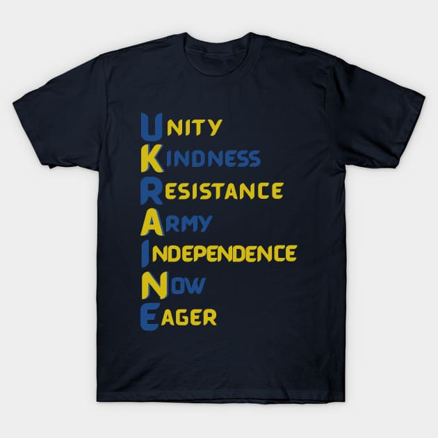 Ukraine - Vertical Acronym, Stand with Ukraine T-Shirt by MONLart